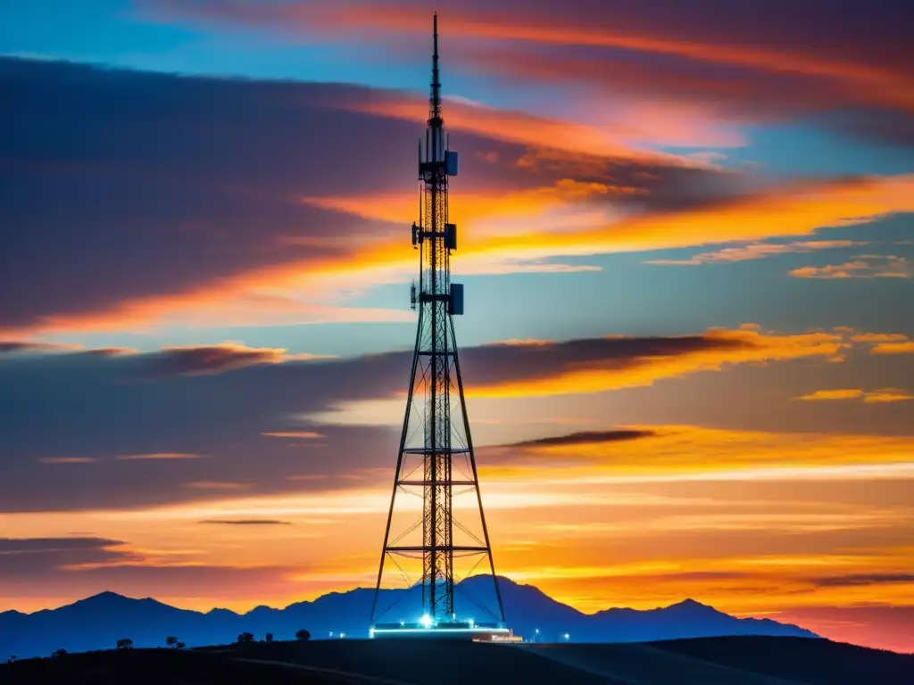 Una torre 5G moderna destaca ante un atardecer vibrante, fusionando tecnología y naturaleza con impacto 5G energía sostenibilidad