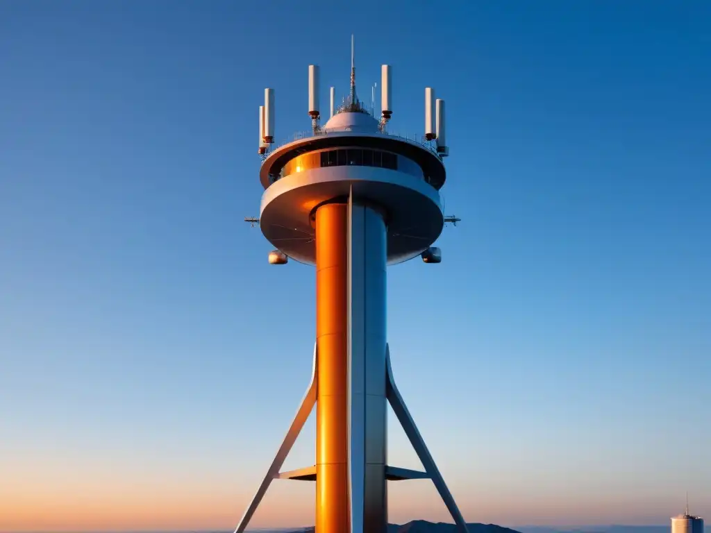 Una torre 5G moderna y minimalista se alza bajo el sol poniente en un cielo azul claro, simbolizando la innovación y el progreso de la tecnología 5G