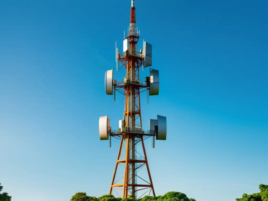 Una torre 5G sobresale en un paisaje verde, bajo el sol