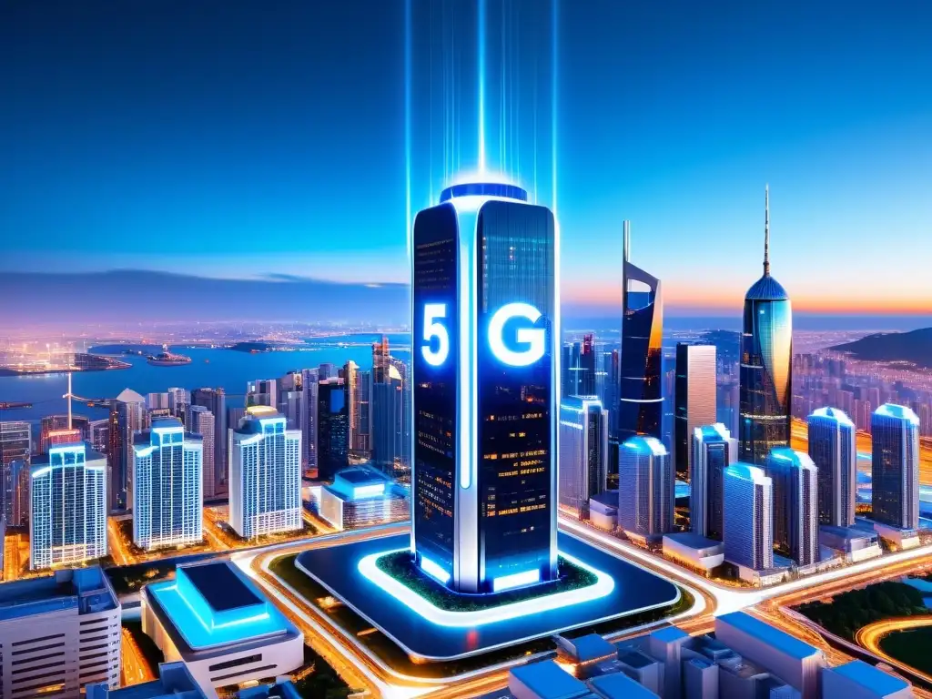 Torre de red 5G con diseño moderno y luces brillantes en la vibrante ciudad futurista, evocando el impacto de las redes 5G en el paisaje digital