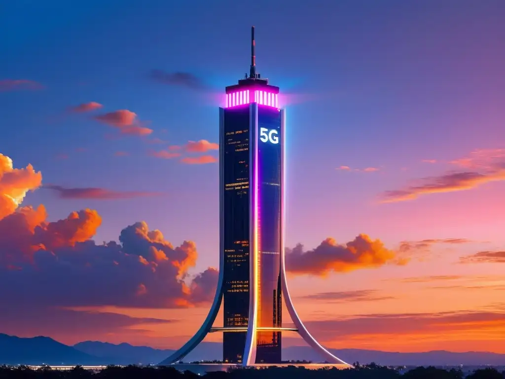 Torre de red 5G futurista en atardecer vibrante, simbolizando conectividad ultra rápida para educación 5G con progreso e innovación