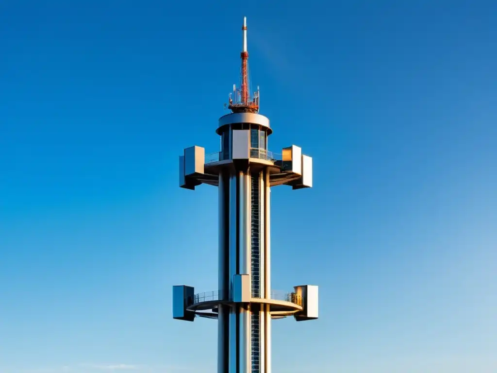 Una torre de red 5G futurista y transparente se alza en el cielo azul