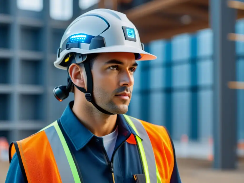 Un trabajador de la construcción con casco futurista de IA, en un entorno moderno