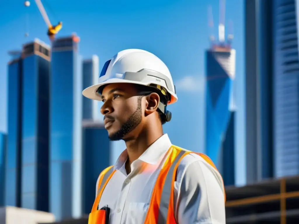 Un trabajador de la construcción con casco futurista de IA en un sitio moderno