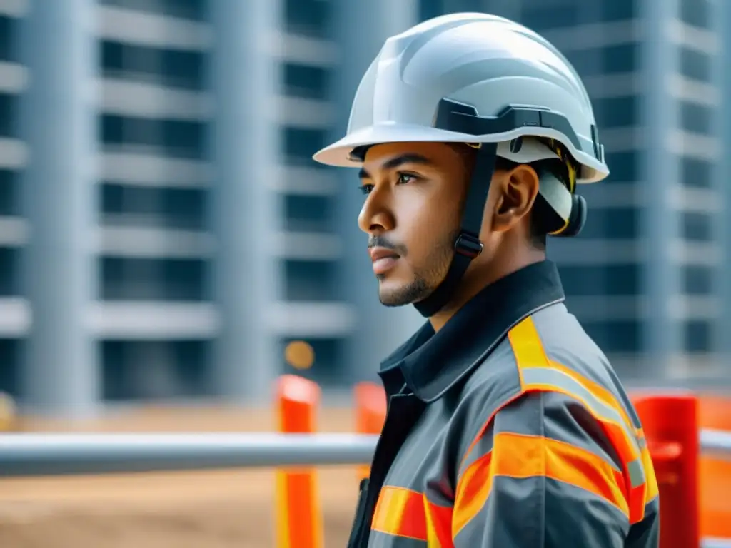 Un trabajador de construcción con casco futurista de IA, en un sitio moderno rodeado de equipos de alta tecnología y barreras de seguridad