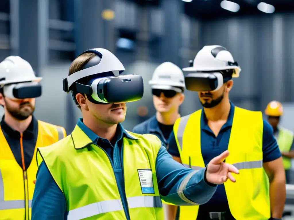 Trabajadores participan en simulación de seguridad laboral en RV, inmersos en la experiencia de realidad virtual en una fábrica virtual