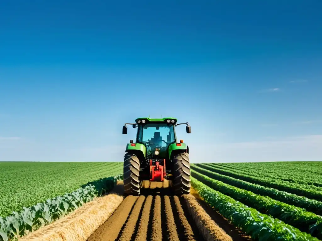 Un tractor de alta tecnología avanza entre cultivos verdes, mostrando mejoras en la eficiencia agrícola con Big Data en un campo extenso y soleado