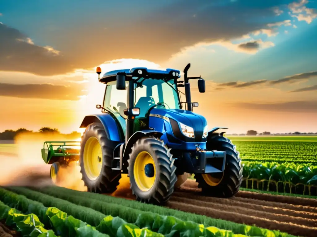 Tractor agrícola moderno con integración 5G en un campo exuberante al atardecer, mostrando innovación y eficiencia