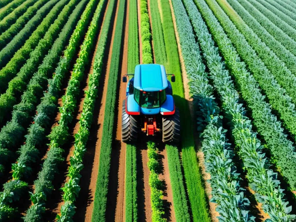 Un tractor de IA moderno trabaja en un campo verde y exuberante bajo un cielo azul claro