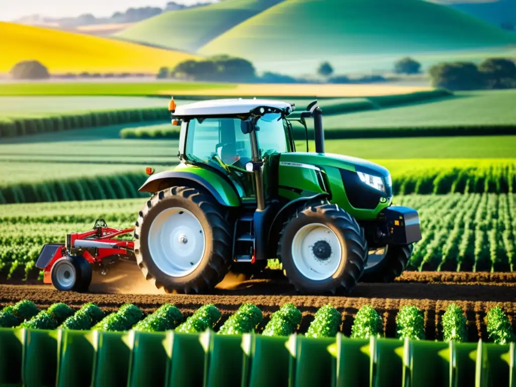 Un tractor moderno y elegante con tecnología integrada 5G, destacando en un campo soleado de cultivos verdes vibrantes