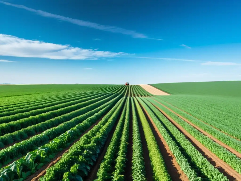 Un tractor moderno con tecnología 5G en un campo agrícola extenso y soleado