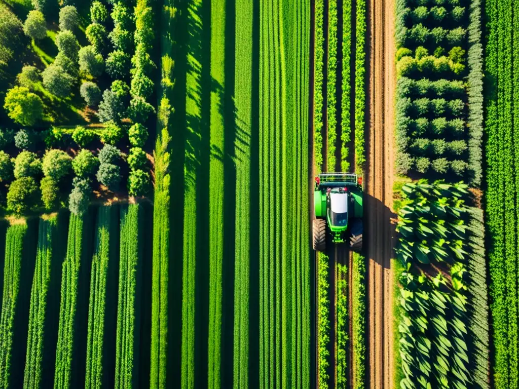 Un tractor moderno con inteligencia artificial cultiva un campo verde con precisión