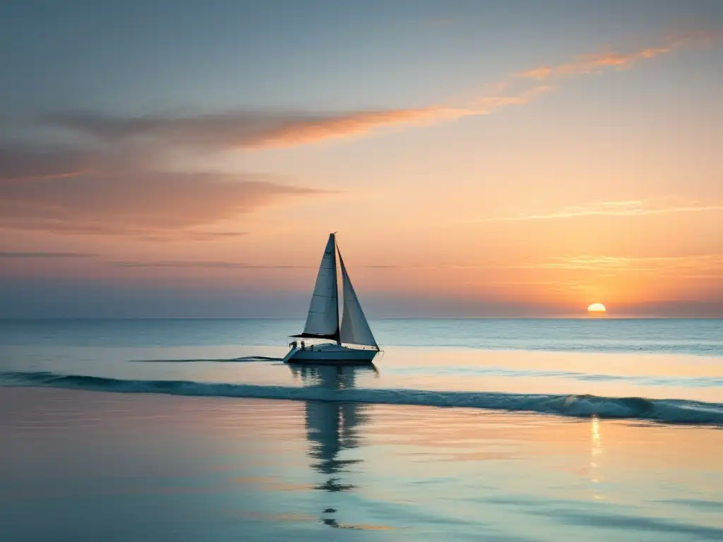 Un tranquilo atardecer en el océano con un velero solitario, reflejando la vastedad y tranquilidad del entorno marino