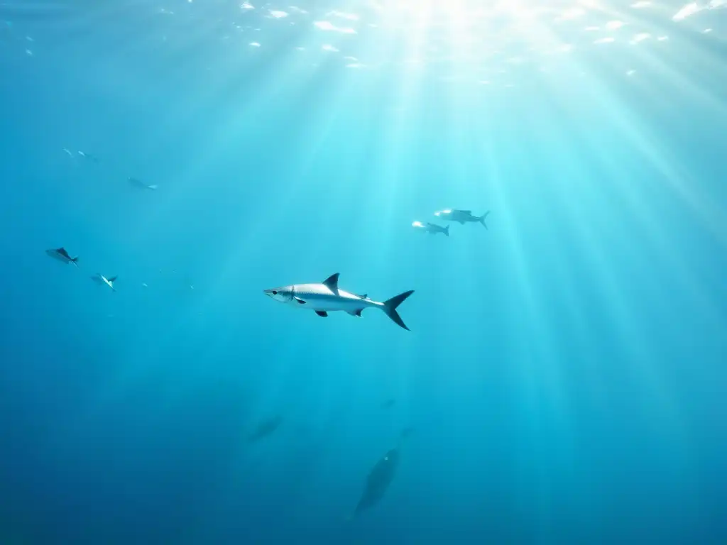 Un tranquilo cardumen de peces nada en aguas turquesas, con rayos de sol que iluminan el fondo marino