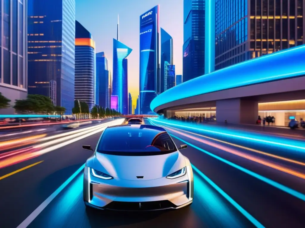 Revolución en transporte inteligente 5G: vehículos eléctricos futuristas en una bulliciosa calle de la ciudad, rodeados de rascacielos y luces de neón