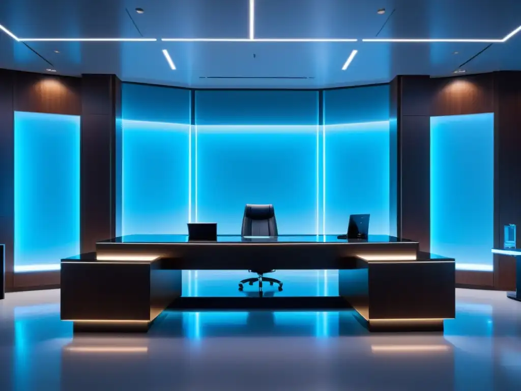 Un tribunal futurista minimalista con paredes de cristal, iluminación azul suave y pantallas holográficas, proyectando documentos legales y evidencia