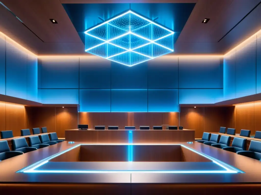 Corte del Futuro: Integración de Blockchain en el Sistema Legal Un tribunal futurista con tecnología blockchain flotando sobre el estrado del juez