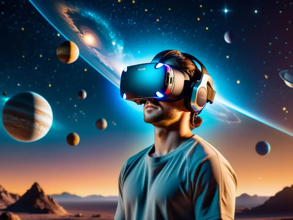 Explora turismo espacial realidad aumentada: Persona usando visor de VR en un entorno futurista con proyección de espacio ultrarrealista