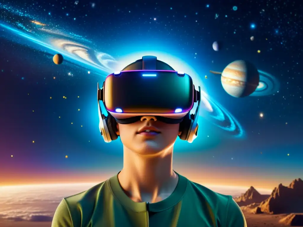 Explora turismo espacial en realidad aumentada: detallado visor VR proyecta el universo, con galaxias y planetas vibrantes