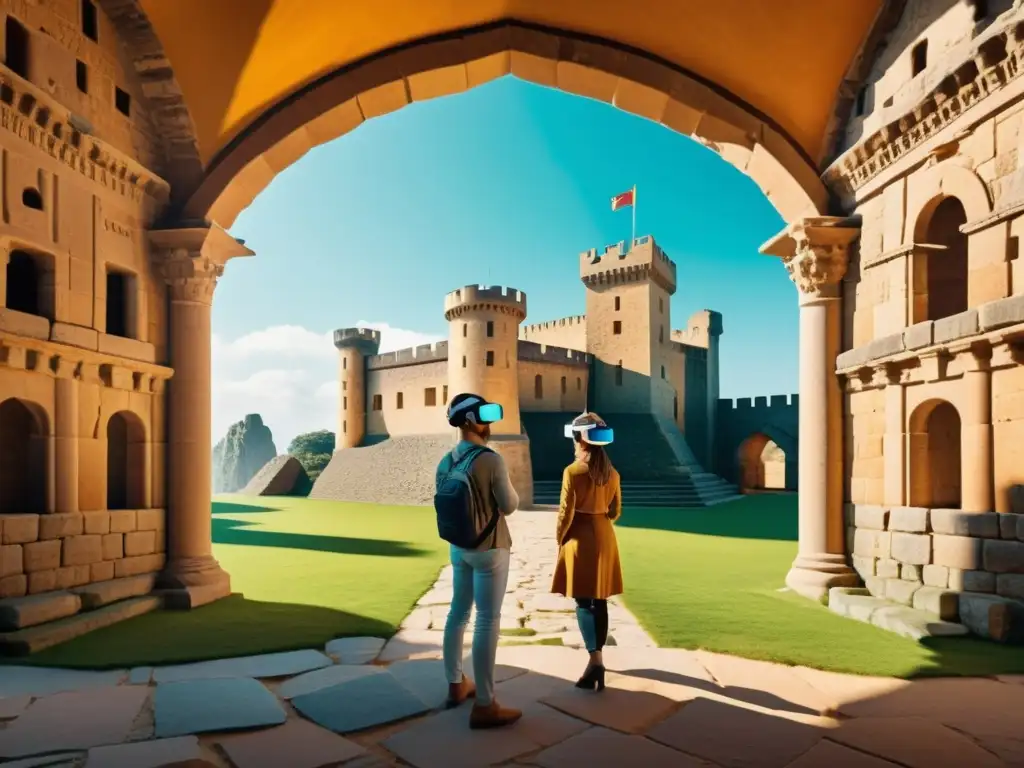 Turismo patrimonial con realidad virtual: Personas explorando un castillo histórico con auriculares VR, fusionando pasado y tecnología