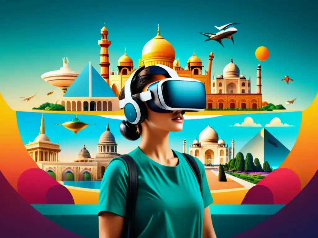 Turismo virtual con realidad virtual: Persona asombrada usando visor VR en un mundo de hitos culturales y educativos detallados y coloridos