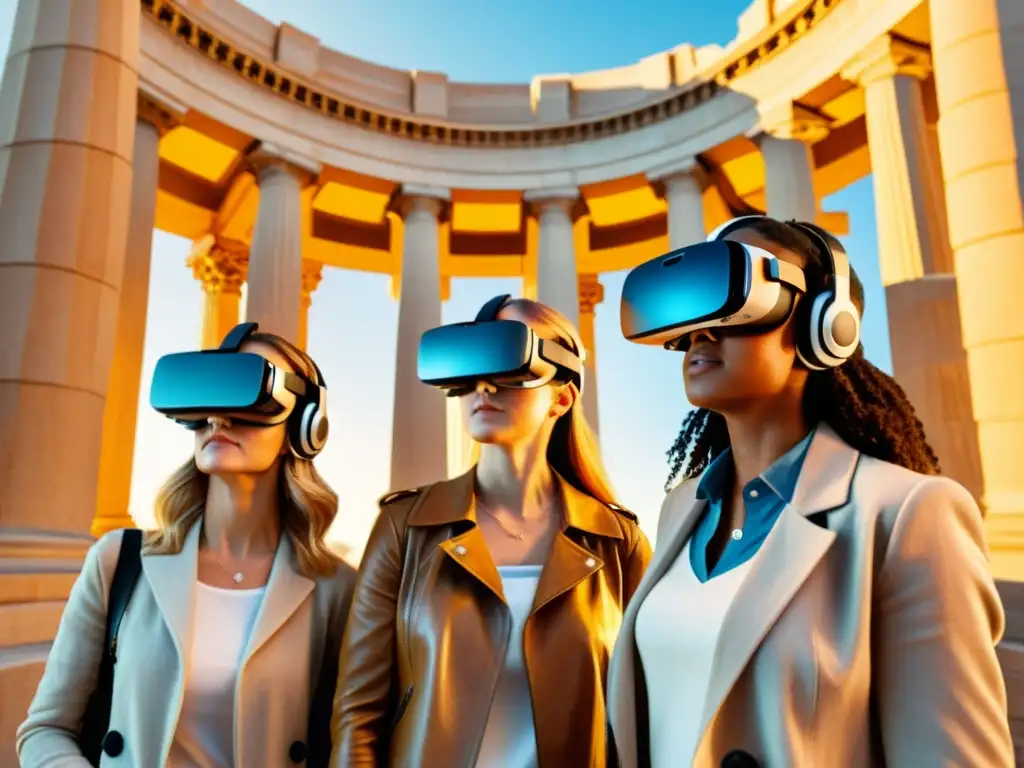 Turistas disfrutan del turismo patrimonial con realidad virtual, asombrados frente al monumento histórico