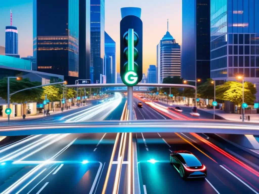 Intersección urbana con tecnología 5G y vehículos inteligentes conectados, reflejando el rol del 5G en gestión del tráfico urbano