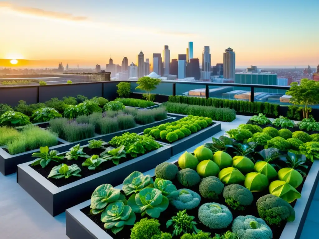 Un jardín urbano exuberante con hileras ordenadas de frutas y verduras rodeado de edificios modernos y bañado por la cálida luz del atardecer