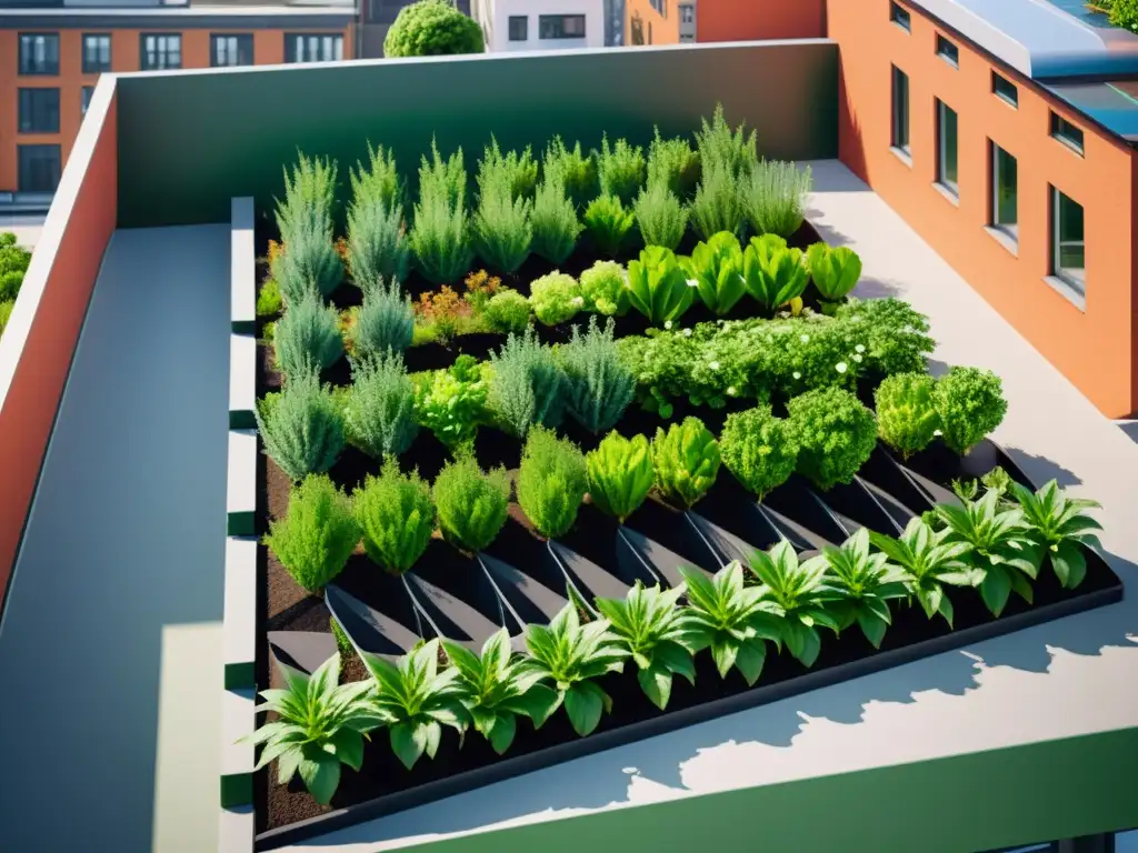 Jardín urbano con 5G integrado entre plantas verdes, simbolizando la agricultura urbana innovadora y sostenible