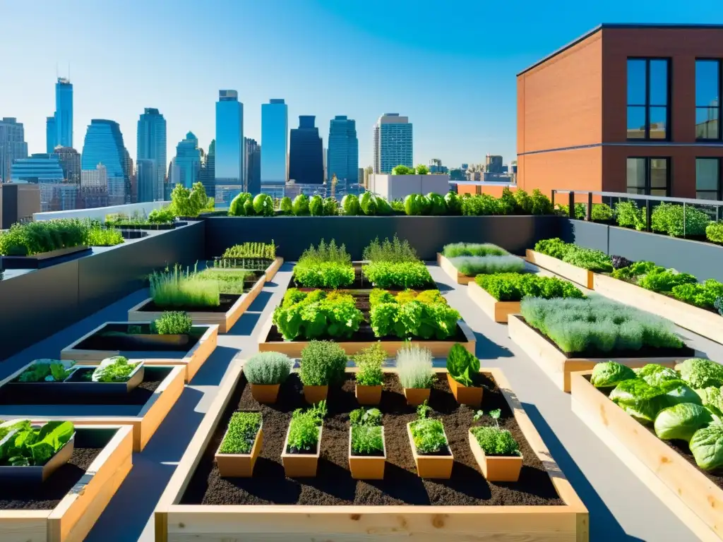 Un jardín urbano moderno con cultivos verdes en filas ordenadas, bañado por la luz cálida y rodeado de edificios altos