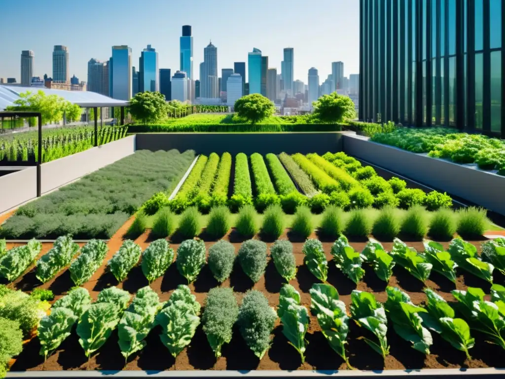 Un jardín urbano moderno con cultivos verdes organizados en patrones geométricos