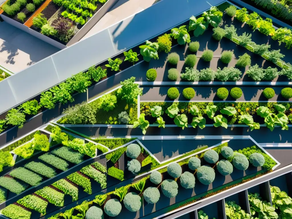 Jardín urbano con vegetales vibrantes y rascacielos de vidrio, refleja la armonía entre naturaleza y tecnología