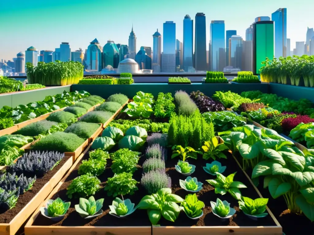 Jardín urbano vibrante y tecnológico con vegetales en filas, bajo el sol, conectividad 5G para agricultura urbana