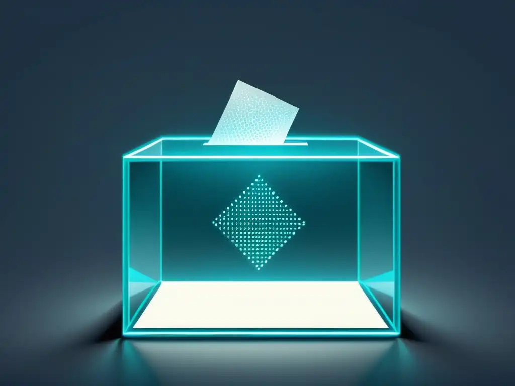 Una urna transparente de alta resolución con una red blockchain, simbolizando la transparencia electoral y la tecnología blockchain