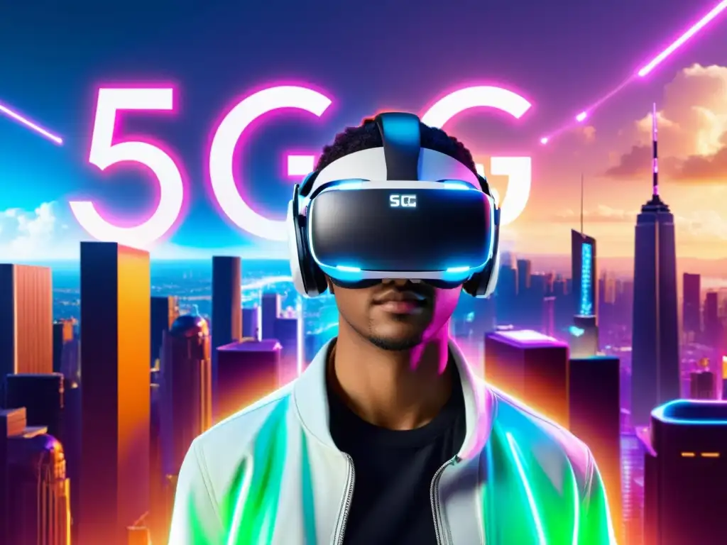 Usuario asombrado en ciudad futurista con auriculares de realidad virtual y logotipo 5G en el cielo