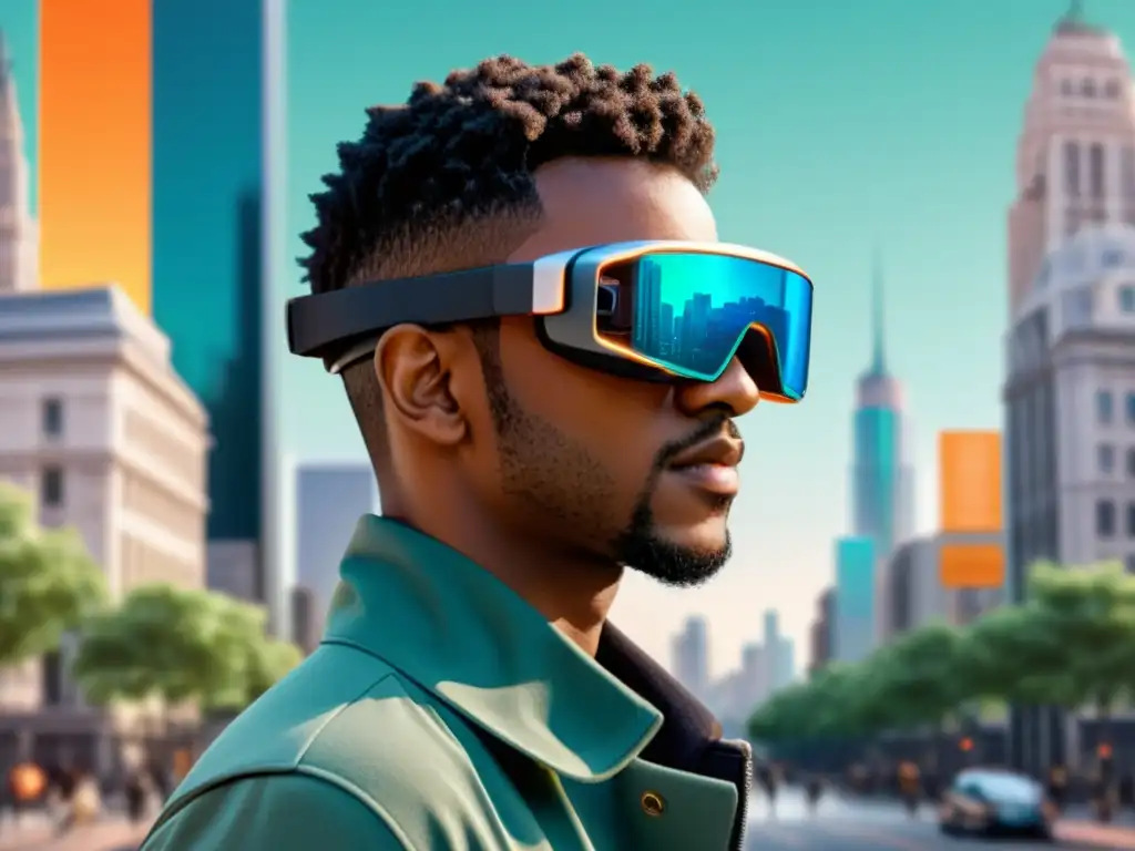 Realidad aumentada: explorando la ciudad en detalle Un usuario interactúa con gafas de realidad aumentada, mostrando una ciudad en wireframe