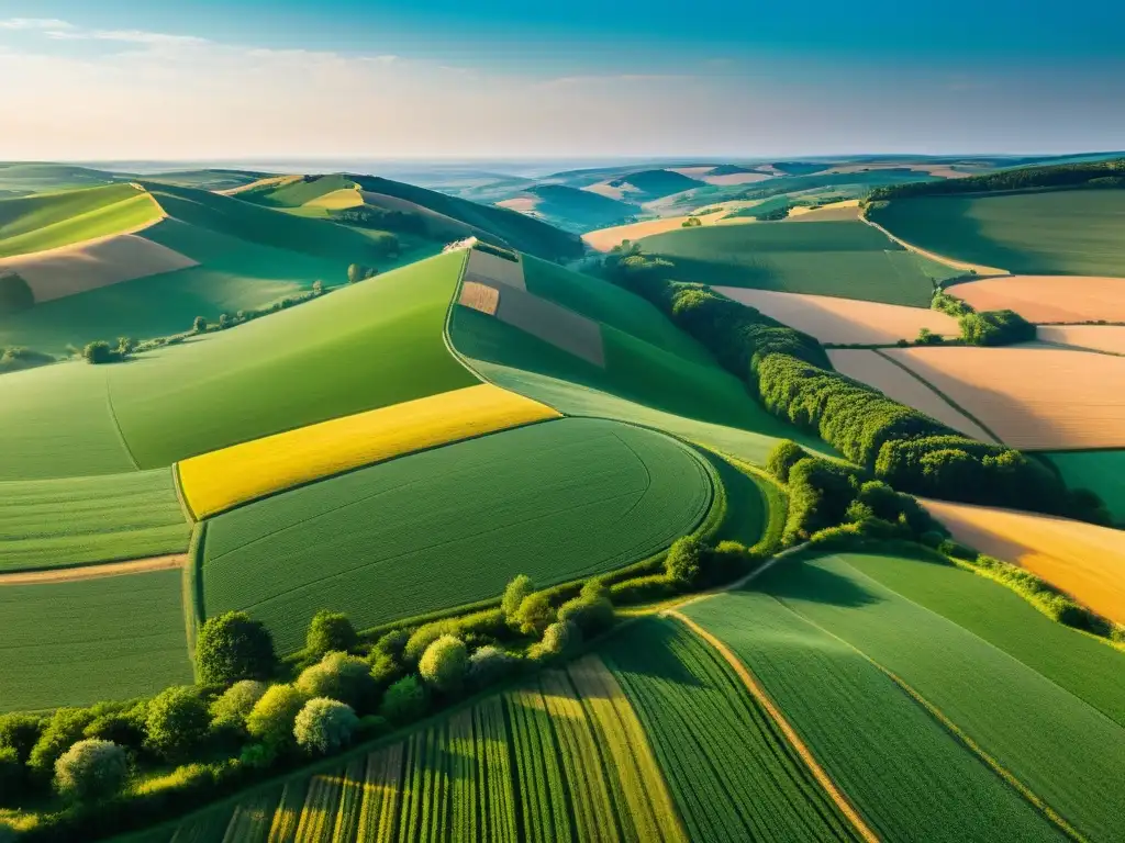 Un vasto paisaje agrícola remoto con colinas y campos, destaca la implementación de 5G en zonas rurales