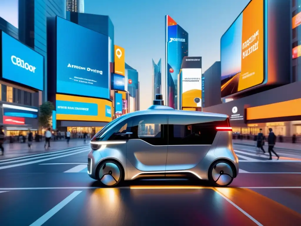 Vehículo autónomo plateado recorriendo una ciudad futurista con espacios publicitarios innovadores