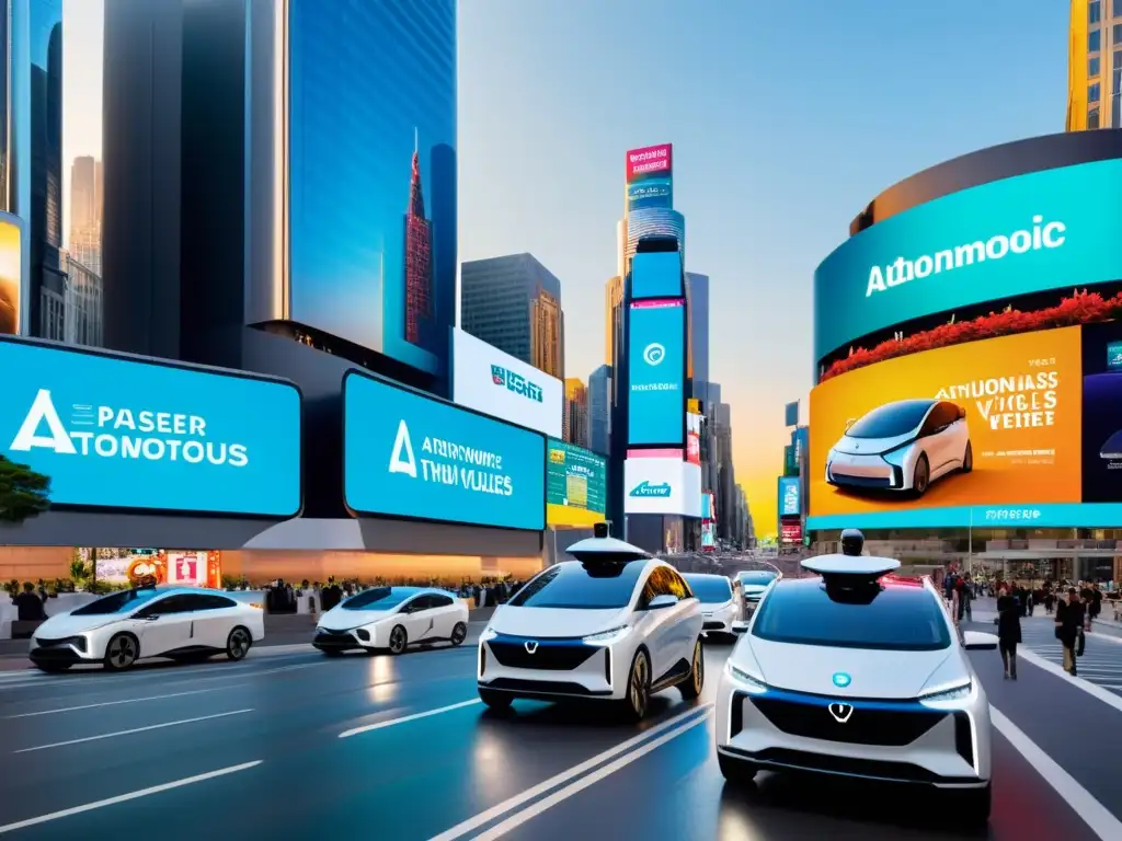 Vehículos autónomos en una ciudad futurista, rodeados de vallas publicitarias digitales, creando un impacto visual y en el marketing urbano