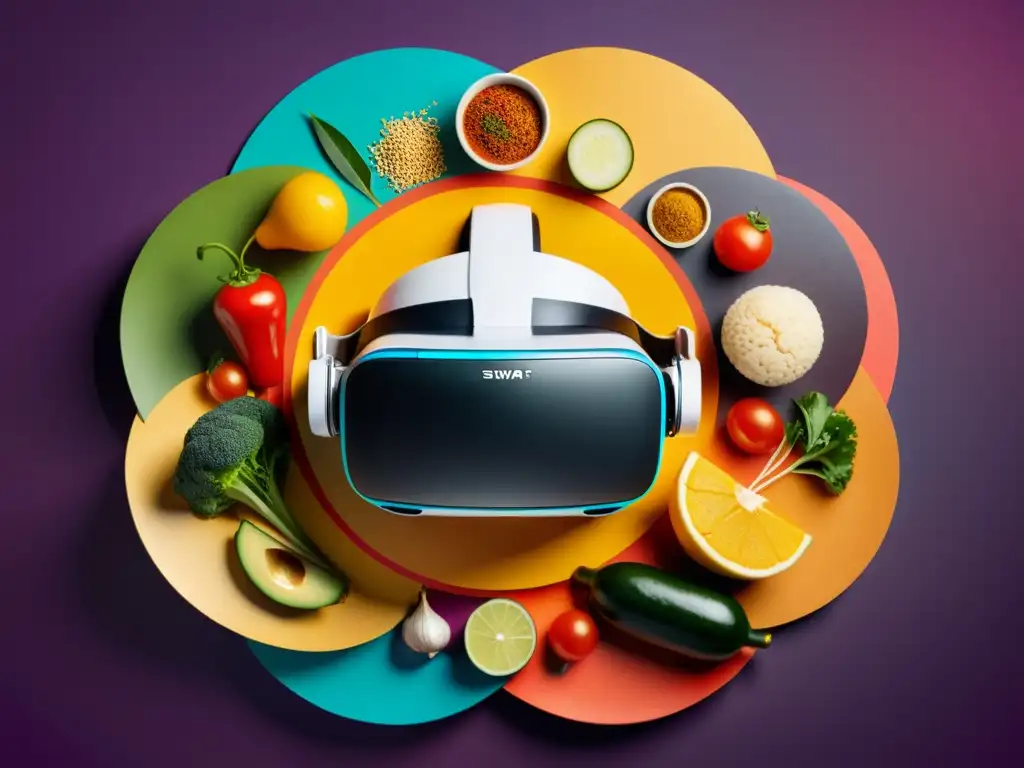 Un viaje virtual sin límites: un auricular de realidad virtual rodeado de una variedad de cocinas internacionales, colores vibrantes y ricas texturas