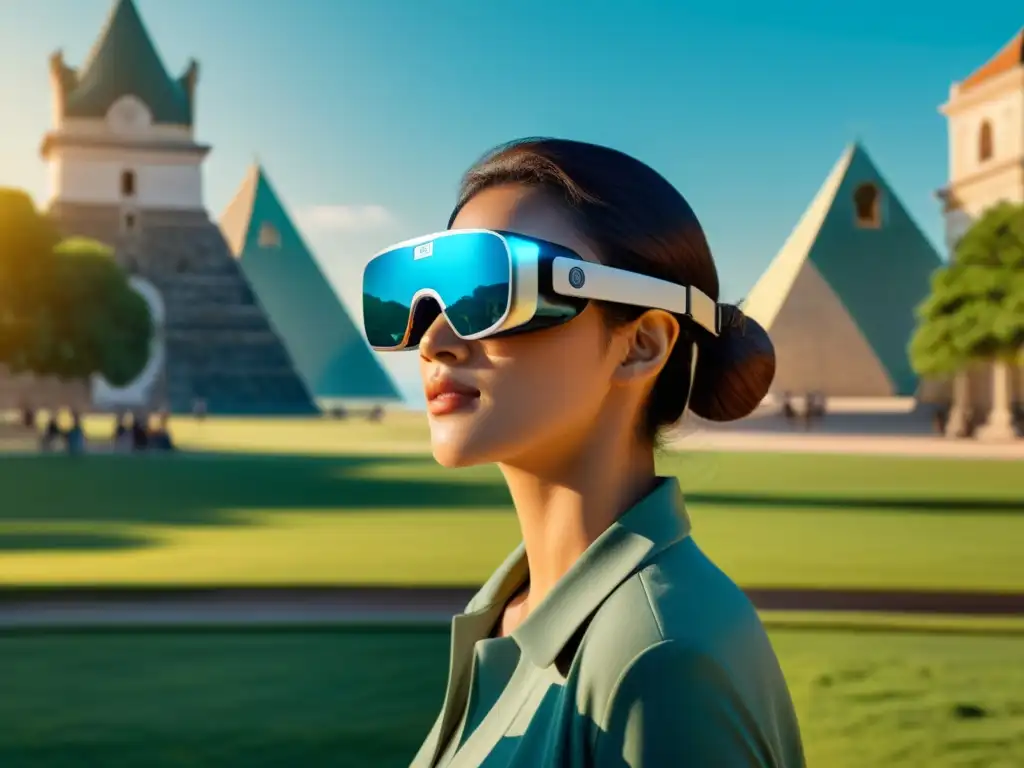 Un viajero con gafas de realidad aumentada frente a un monumento histórico, rodeado de naturaleza