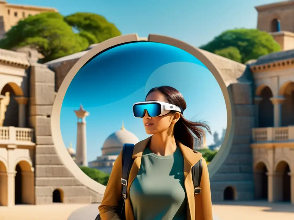 Un viajero con gafas de realidad aumentada contempla un monumento histórico con información digital y iconos interactivos superpuestos en las lentes