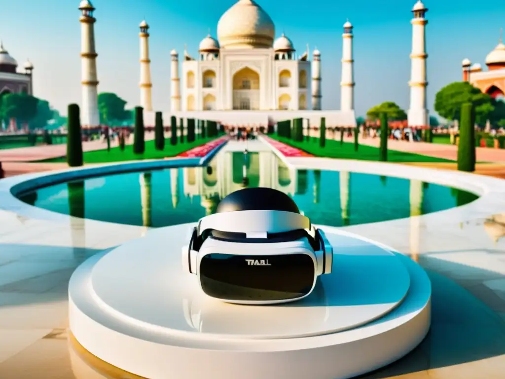 'Viajes de Realidad Virtual 360°: Detalle del Taj Mahal en pantalla, con iluminación suave y moderna elegancia