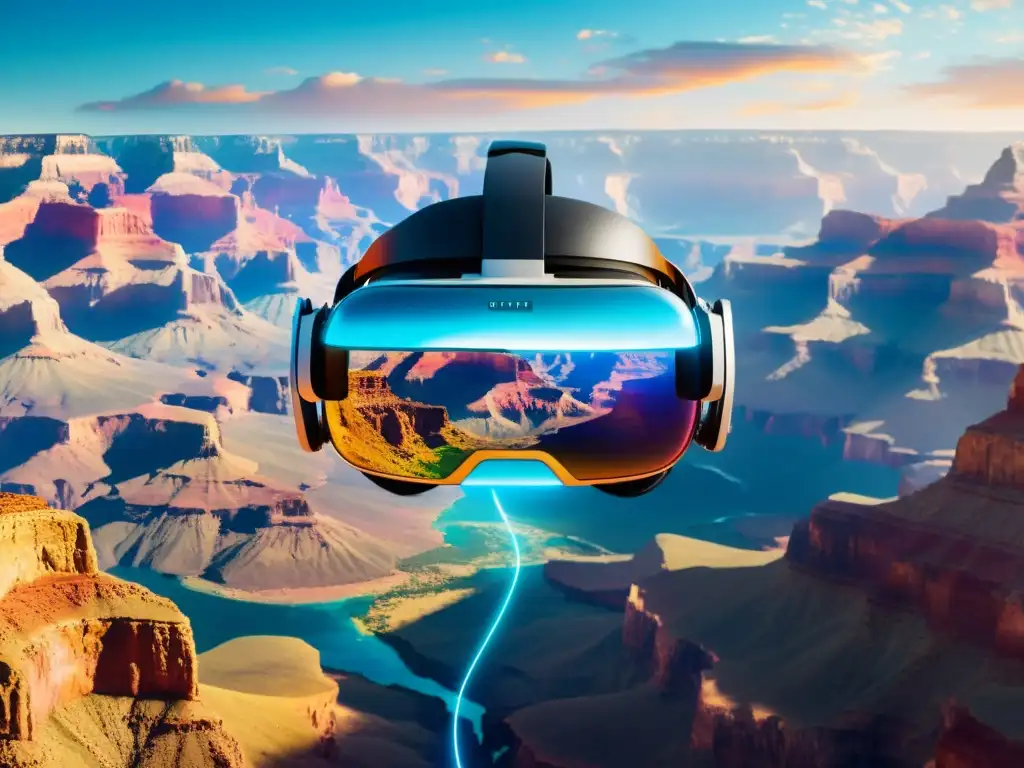 Viajes de Realidad Virtual 360°: Un headset flotando en un paisaje vibrante y etéreo de maravillas naturales en 8k