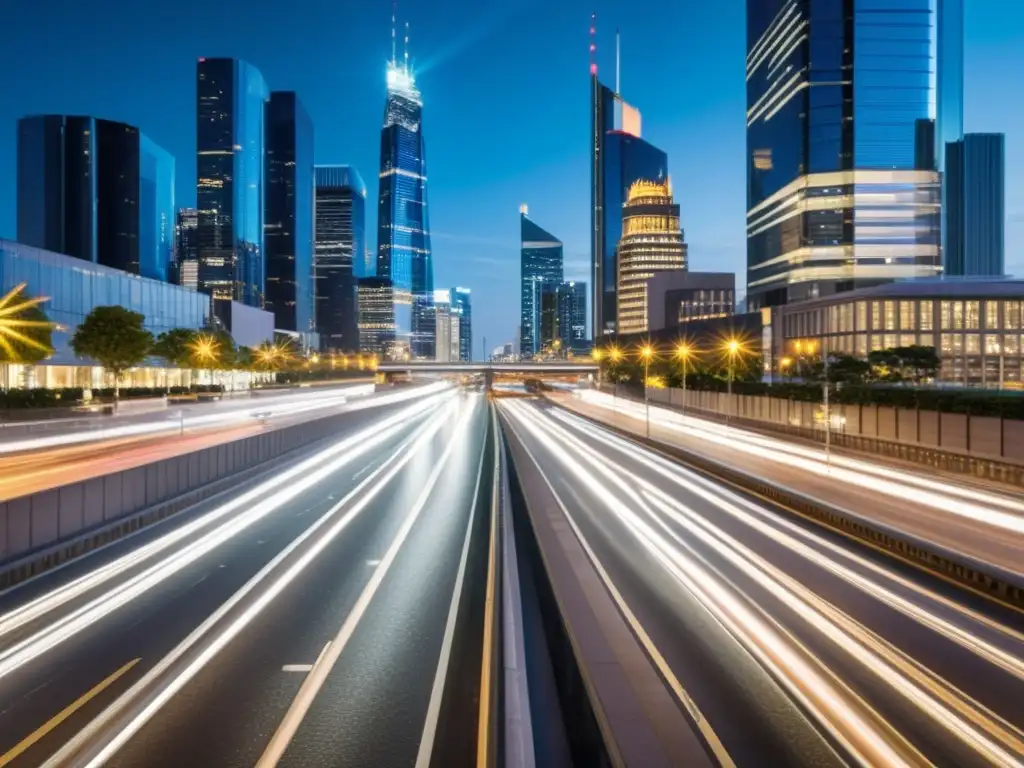 Una vibrante calle de la ciudad de noche, con luces de autos y rascacielos iluminados creando una atmósfera dinámica y futurista