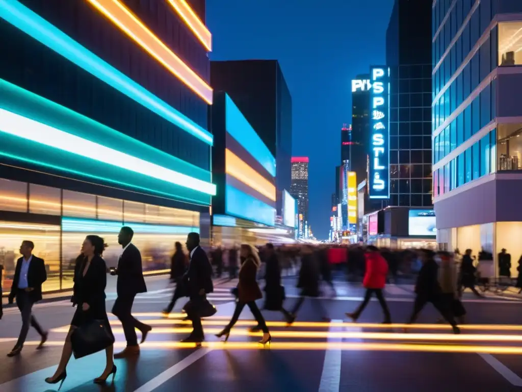 Vibrante calle nocturna de la ciudad, reflejando modernidad y tecnologías emergentes para ciudades inteligentes