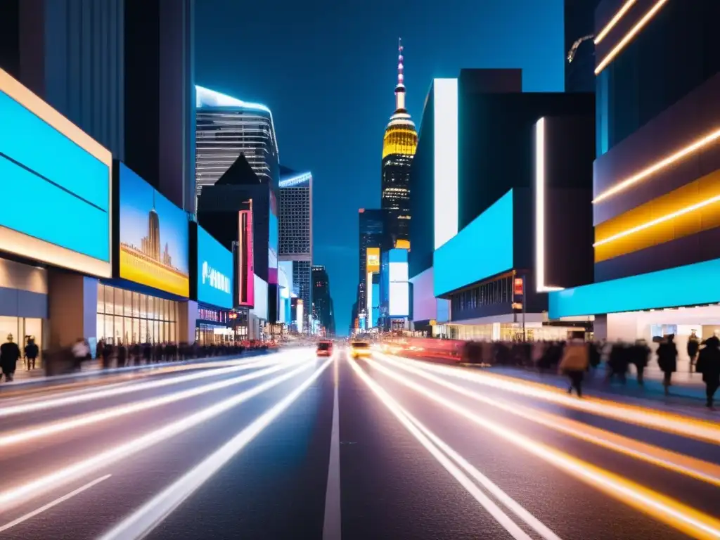 Vibrante calle nocturna en la ciudad, con luces de neón y rascacielos modernos