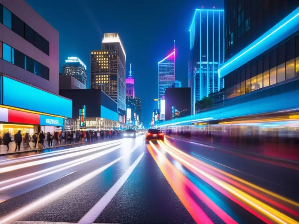 Vibrante calle nocturna en la ciudad, iluminada por neones, con un paisaje urbano de rascacielos