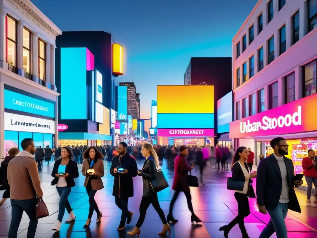 Vibrante calle nocturna de ciudad con tecnologías emergentes de marketing de proximidad