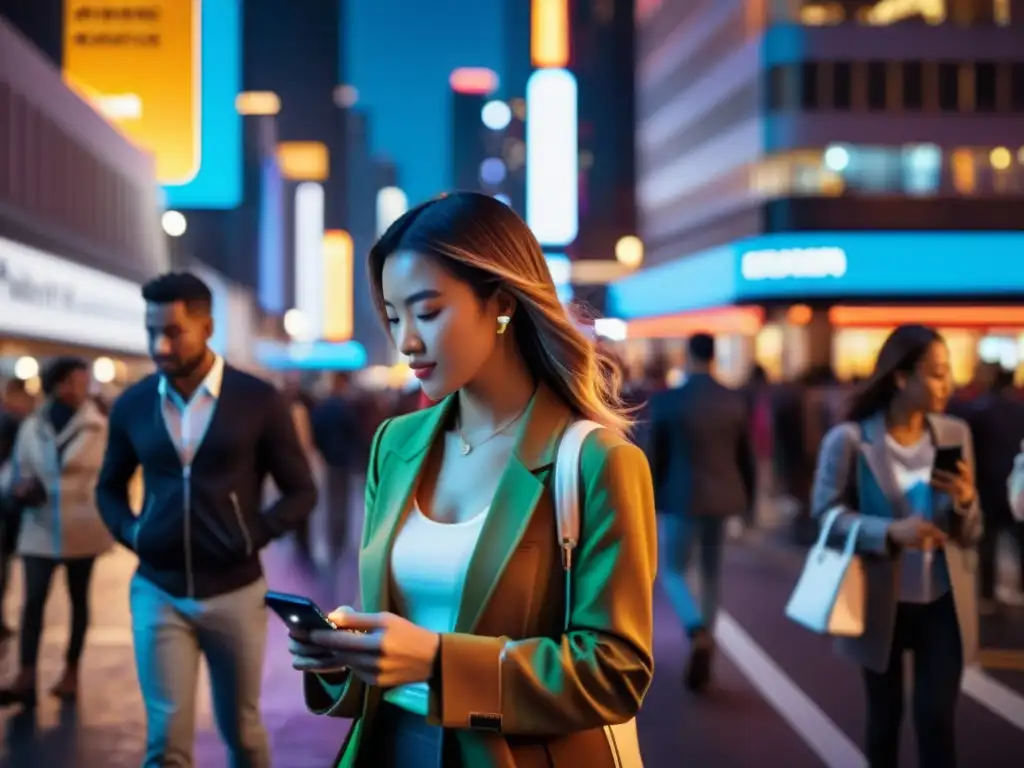 Vida urbana nocturna: luces de neón y tecnología moderna Vibrante calle nocturna en la ciudad, iluminada por luces de neón con rascacielos